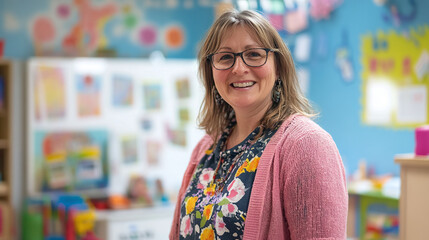 A cheerful daycare worker in a colorful classroom, looking at the camera with children’s art and toys in the background