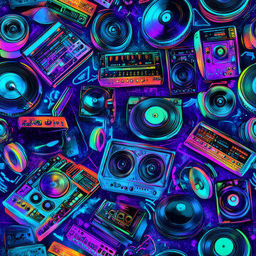 Seamless retro music background pattern with icons of audio equipment notes headphones, Turntable, mixer and cassette players