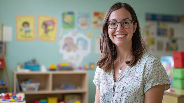 A cheerful daycare worker in a colorful classroom, looking at the camera with children’s art and toys in the background