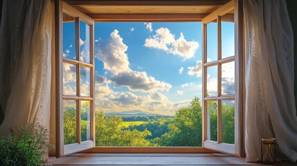 Open Window With Scenic View   Sunlight  Fresh Air  Green Trees  Blue Sky  White Clouds  C