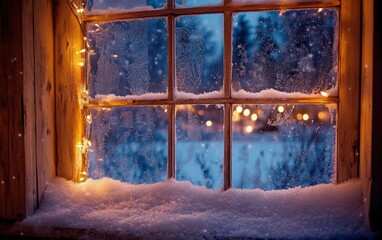 A cozy winter window scene with frost-covered glass, a snow-covered landscape outside, and twinkling Christmas lights reflecting in the window 