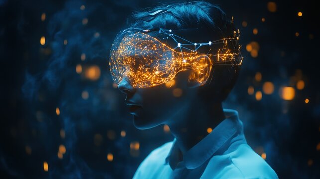 A researcher wearing a glowing neural headset that connects them directly to a quantum computer, unlocking limitless cognitive potential