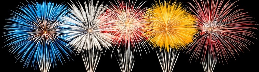 Naklejka premium Giant fireworks in sky colorful fireworks display in the night sky light blue white red and yellow fireworks