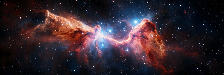 Obraz premium A nebula with a bright blue star at the center surrounded by smaller red stars