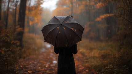 A lone figure walks through a rainy forest in autumn, holding an umbrella overhead. The path is lined with fallen leaves.