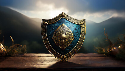 A beautifully designed shield featuring intricate details, set against a mystical mountainous backdrop, evoking a sense of adventure.