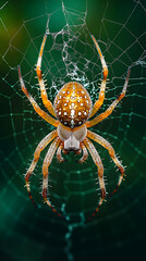 Obraz premium Spider with White and Yellow Markings Hangs Upside Down in Web, Awaiting Prey on a Dark Background