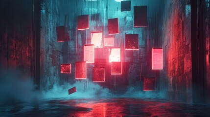 Fototapeta premium Glowing fragments of memories suspended in mid-air, where an artist reconstructs them into abstract pieces that blur the line between past and present