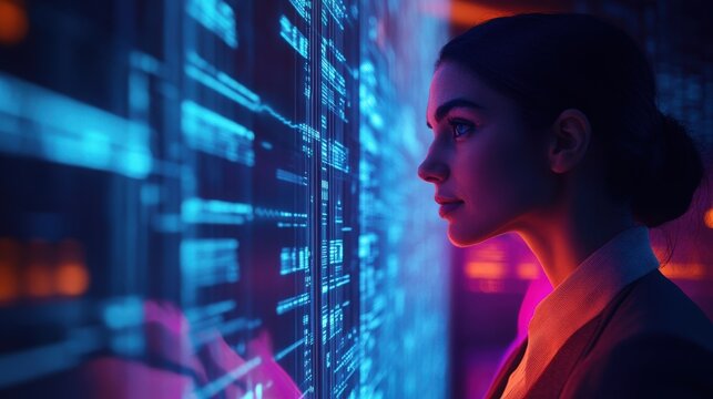 A business founder collaborating with an AI-powered assistant that glows with real-time data, helping refine business strategies and innovation 