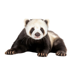 Obraz premium A cute panda bear resting on its belly, looking curiously at the camera in a bright setting