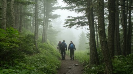 Obraz premium Three hikers walk through a foggy forest on a hiking trail.