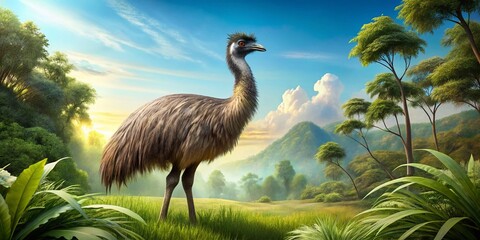 Majestic Emu Bird Standing Tall in Natural Habitat Surrounded by Lush Greenery Under Clear Sky