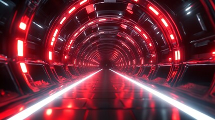 A futuristic train station with neon lighting