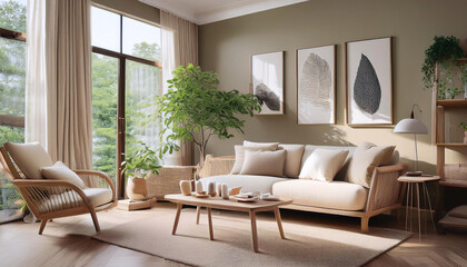 Sunlit cozy living room with modern decor and lush view