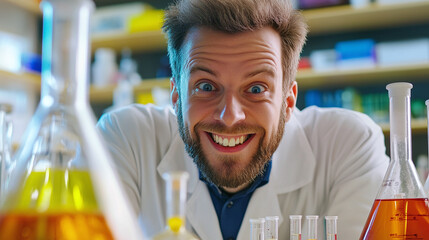 An enthusiastic teacher in a science lab, looking at the camera with experiments and educational tools in the background