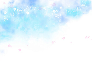 音符と舞う桜の花びら（ブルーの背景）
