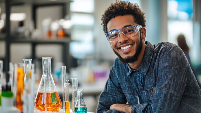 An enthusiastic teacher in a science lab, looking at the camera with experiments and educational tools in the background