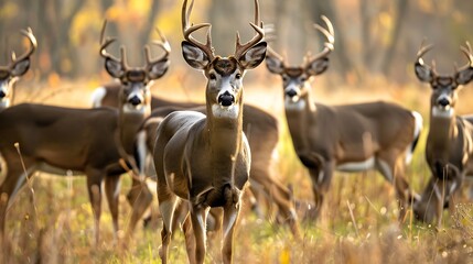 Fototapeta premium Curious herd of white tailed deer grazing in field