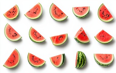 A high-resolution image of perfectly ripe, juicy watermelon slices isolated on a pure white background. 
