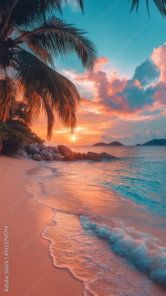 Poster a beautiful beach scene with a palm tree in the foreground