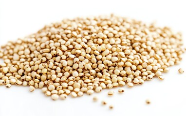 Fototapeta premium A high-resolution image of uncooked quinoa grains isolated on a pure white background, with close-up details of their round, smooth shapes.