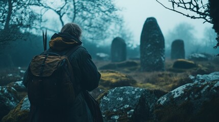 Fototapeta premium A lone hiker walks towards ancient standing stones in a misty, overgrown forest.