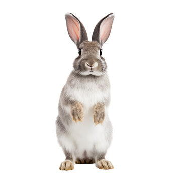 Gray rabbit standing upright on white background in a calm and curious pose