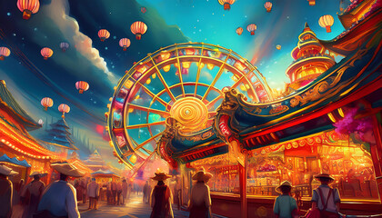 Obraz premium A vibrant carnival scene filled with lanterns, a Ferris wheel, and colorful stalls, capturing festive moments and joyful crowds.