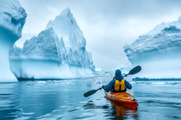 kayaking in winter sea on nature background