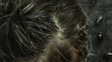 Black Spiders and Webs on Dark Background with Hair