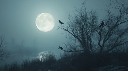 Naklejka premium A glowing full moon casting light over a foggy autumn landscape, with bare trees and crows perched on branches, creating a moody Halloween atmosphere 