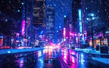 Obraz premium A night-time cityscape with glowing neon lights in bright blue, pink, and purple, reflecting off the snow-covered streets, creating a futuristic winter vibe 