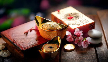 A vibrant display of gold ingots and decorative elements symbolizing prosperity and wealth during cultural celebrations.