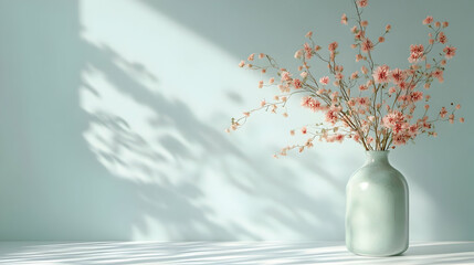 Delicate Pink Flowers in a Green Vase Brighten a Minimalist Interior with Shadow Play