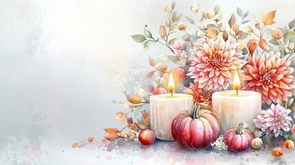 Autumn decor with pumpkins, flowers, and candles on a soft background