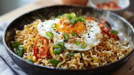 Egg instant noodles topped with basreng