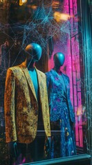 An empty scene featuring stylish disco outfits on mannequins in a dark, colorful corner filled with cobwebs and retro decor,