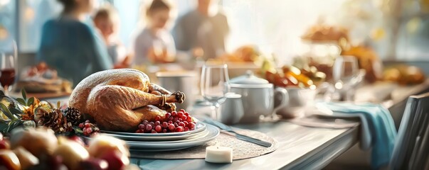 Delicious feast with a turkey centerpiece, family gathering in the background.