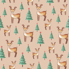 Seamless Watercolour Christmas Pattern with Cute Reindeer, Christmas Tree and Holiday Elements – Perfect for Wrapping Paper, Fabrics, and Holiday-Themed Projects