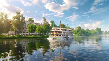 Fototapeta premium Elegant riverboat journey with nature and infrastructure framing the tranquil waters