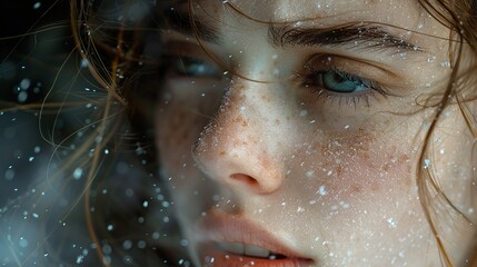 Close Up Portrait of a Woman with Blue Eyes and Freckles in the Snow