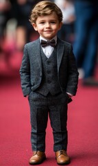 Fototapeta premium Young boy in suit and bow tie on red carpet.