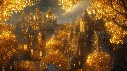 Obraz premium A luxurious fairytale cityscape featuring golden palaces and trees with sparkling golden leaves, creating a dreamlike atmosphere