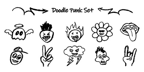 Naklejka premium Set of doodle punk head, goat gesture, cloud. Collection of vector black charcoal outline faces handdrawn humor emotions. Retro grafitti style wax pencil drawn stick out tongue, ghost with halo.