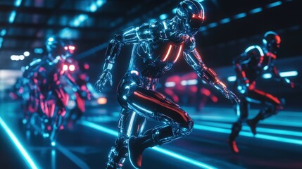 Athletes with biotech enhancements, such as cybernetic limbs, competing in futuristic sports arenas, pushing the boundaries of human performance 