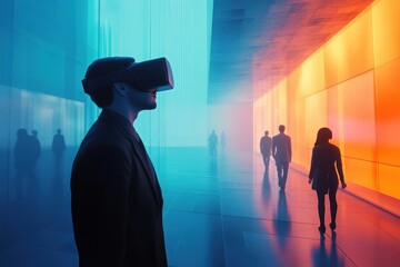 Businesspeople in futuristic virtual reality environment