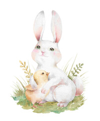 Cute white Easter bunny hugging yellow chick on green lawn. Hand drawn watercolor illustration