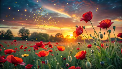 Fototapeta premium At dusk, a vibrant field of red poppies comes alive, contrasting beautifully with the fading light, crafting a serene and enchanting low light photography scene.