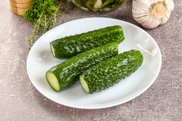 Homemade lighty salted cucumbers with herbs