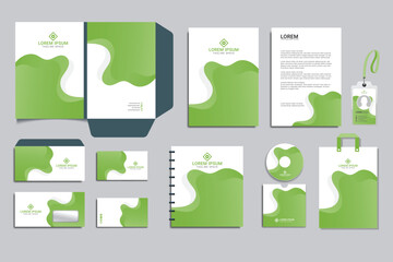 Brand Identity concept of stationery Mock-Up set with green and white abstract geometric design. Branding stationery mockup template of File folder, annual report, brochure. Editable vector